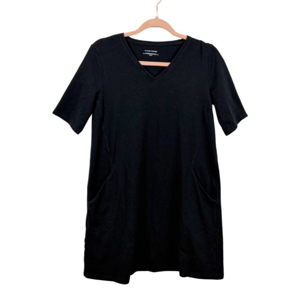 Eileen Fisher | Black V-Neck Short Sleeve Pockets Shift Cotton Dress Size XS